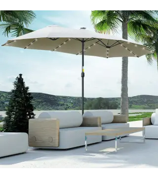 Sombrilla Doble 450x265x240 cm con 48 Luces LED Manivela Protección Solar para Terraza Balcón Piscina Gris Claro