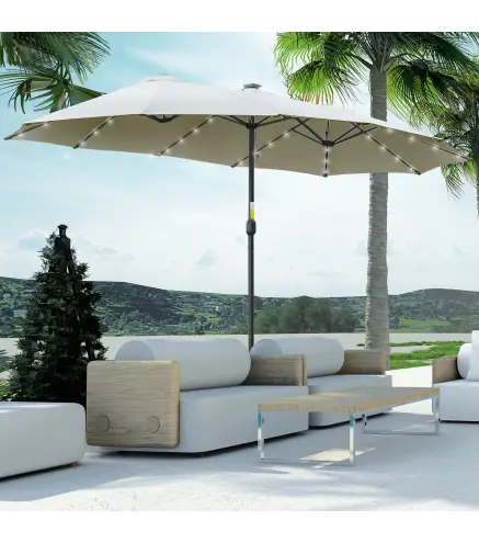 Sombrilla Doble 450x265x240 cm con 48 Luces LED Manivela Protección Solar para Terraza Balcón Piscina Gris Claro