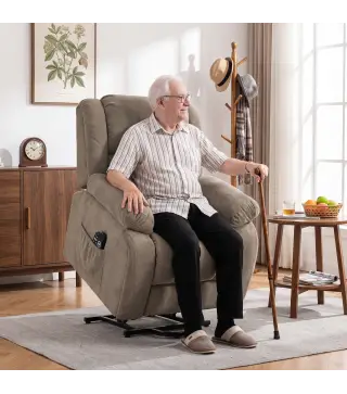 Sillón Relax Reclinable Eléctrico Levanta Personas Masaje Vibratorio y Calor Asiento Ancho Puerto USB Bolsillos Marrón