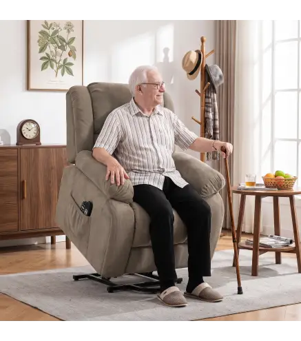 Sillón Relax Reclinable Eléctrico Levanta Personas Masaje Vibratorio y Calor Asiento Ancho Puerto USB Bolsillos Marrón