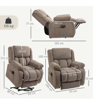 Sillón Relax Reclinable Eléctrico Levanta Personas Masaje Vibratorio y Calor Asiento Ancho Puerto USB Bolsillos Marrón