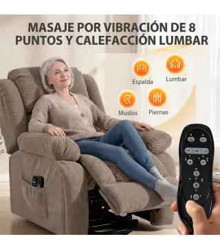 Sillón Relax Reclinable Eléctrico Levanta Personas Masaje Vibratorio y Calor Asiento Ancho Puerto USB Bolsillos Marrón