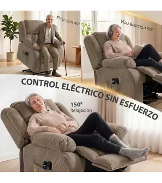 Sillón Relax Reclinable Eléctrico Levanta Personas Masaje Vibratorio y Calor Asiento Ancho Puerto USB Bolsillos Marrón