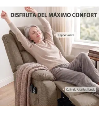 Sillón Relax Reclinable Eléctrico Levanta Personas Masaje Vibratorio y Calor Asiento Ancho Puerto USB Bolsillos Marrón