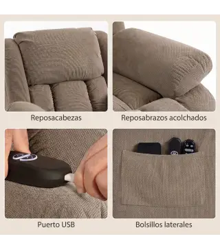 Sillón Relax Reclinable Eléctrico Levanta Personas Masaje Vibratorio y Calor Asiento Ancho Puerto USB Bolsillos Marrón