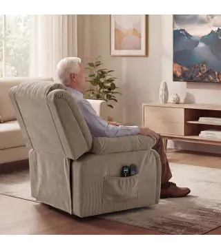 Sillón Relax Reclinable Eléctrico Levanta Personas Masaje Vibratorio y Calor Asiento Ancho Puerto USB Bolsillos Marrón