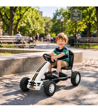 Go Kart para Niños de +3 Años con Asiento Ajustable Volante Freno Manual Marco de Aluminio y Acero Carga 30 kg Blanco