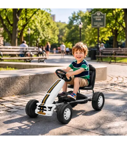 Go Kart para Niños de +3 Años con Asiento Ajustable Volante Freno Manual Marco de Aluminio y Acero Carga 30 kg Blanco