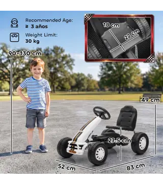 Go Kart para Niños de +3 Años con Asiento Ajustable Volante Freno Manual Marco de Aluminio y Acero Carga 30 kg Blanco