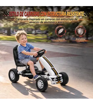 Go Kart para Niños de +3 Años con Asiento Ajustable Volante Freno Manual Marco de Aluminio y Acero Carga 30 kg Blanco