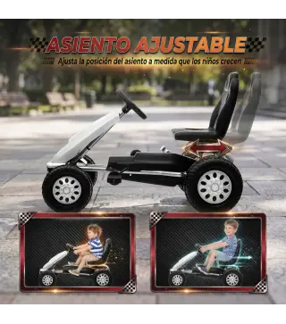 Go Kart para Niños de +3 Años con Asiento Ajustable Volante Freno Manual Marco de Aluminio y Acero Carga 30 kg Blanco