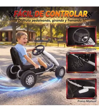 Go Kart para Niños de +3 Años con Asiento Ajustable Volante Freno Manual Marco de Aluminio y Acero Carga 30 kg Blanco