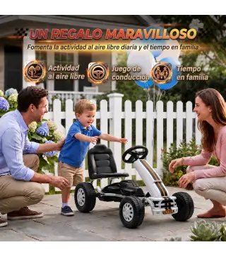 Go Kart para Niños de +3 Años con Asiento Ajustable Volante Freno Manual Marco de Aluminio y Acero Carga 30 kg Blanco