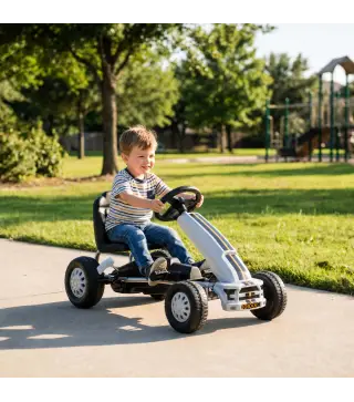 Go Kart para Niños de +3 Años con Asiento Ajustable Volante Freno Manual Marco de Aluminio y Acero Carga 30 kg Blanco