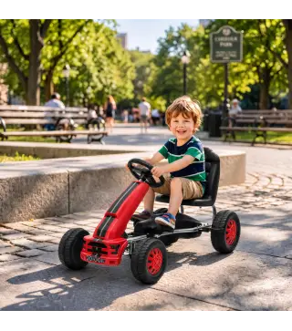Go Kart para Niños de +3 Años con Asiento Ajustable Volante Freno Manual Marco de Aluminio y Acero Carga 30 kg Rojo