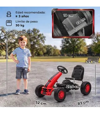 Go Kart para Niños de +3 Años con Asiento Ajustable Volante Freno Manual Marco de Aluminio y Acero Carga 30 kg Rojo