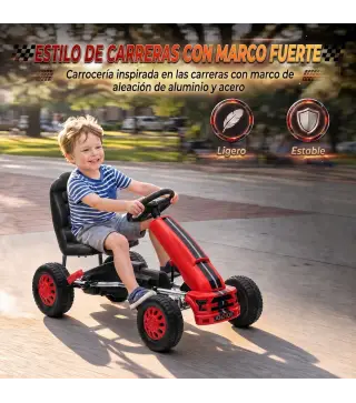 Go Kart para Niños de +3 Años con Asiento Ajustable Volante Freno Manual Marco de Aluminio y Acero Carga 30 kg Rojo