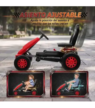 Go Kart para Niños de +3 Años con Asiento Ajustable Volante Freno Manual Marco de Aluminio y Acero Carga 30 kg Rojo