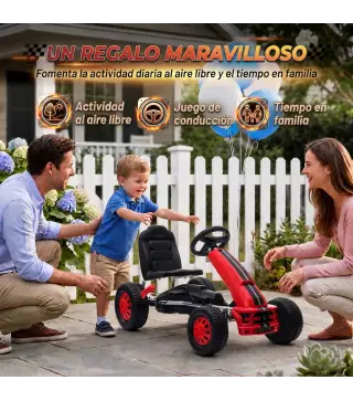 Go Kart para Niños de +3 Años con Asiento Ajustable Volante Freno Manual Marco de Aluminio y Acero Carga 30 kg Rojo