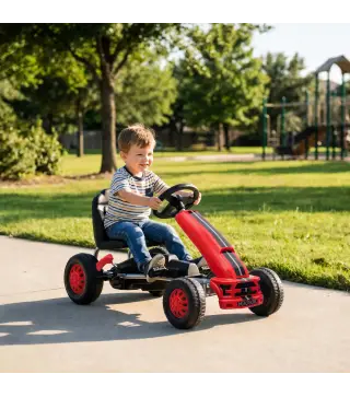 Go Kart para Niños de +3 Años con Asiento Ajustable Volante Freno Manual Marco de Aluminio y Acero Carga 30 kg Rojo