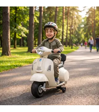 Moto Eléctrica para Niños Licencia Mini Vespa GTS 2 Ruedas Auxiliares Batería de Litio Faro Bocina Respaldo Blanco