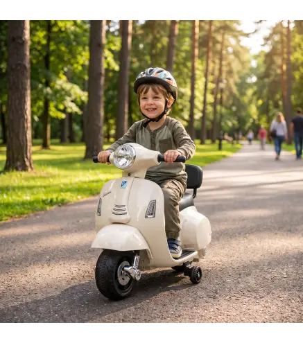 Moto Eléctrica para Niños Licencia Mini Vespa GTS 2 Ruedas Auxiliares Batería de Litio Faro Bocina Respaldo Blanco