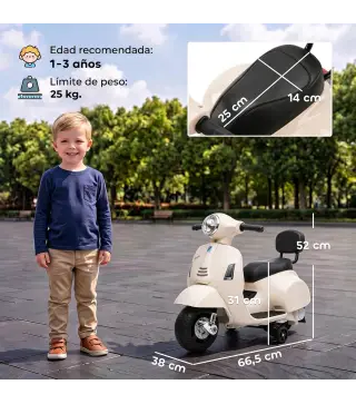 Moto Eléctrica para Niños Licencia Mini Vespa GTS 2 Ruedas Auxiliares Batería de Litio Faro Bocina Respaldo Blanco
