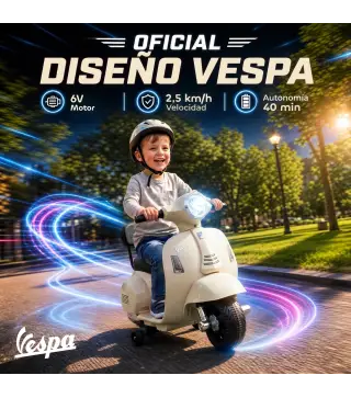 Moto Eléctrica para Niños Licencia Mini Vespa GTS 2 Ruedas Auxiliares Batería de Litio Faro Bocina Respaldo Blanco