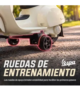 Moto Eléctrica para Niños Licencia Mini Vespa GTS 2 Ruedas Auxiliares Batería de Litio Faro Bocina Respaldo Blanco