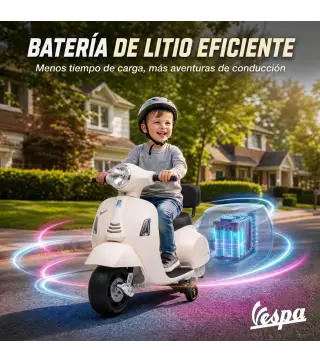 Moto Eléctrica para Niños Licencia Mini Vespa GTS 2 Ruedas Auxiliares Batería de Litio Faro Bocina Respaldo Blanco