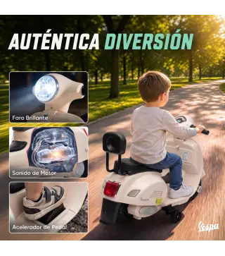 Moto Eléctrica para Niños Licencia Mini Vespa GTS 2 Ruedas Auxiliares Batería de Litio Faro Bocina Respaldo Blanco