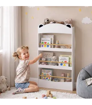 Librería Infantil de Pared de 4 Niveles Estantería para Libros Diseño de Osito para Dormitorio de 3 a 8 Años Blanco