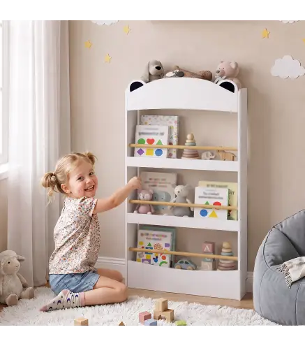 Librería Infantil de Pared de 4 Niveles Estantería para Libros Diseño de Osito para Dormitorio de 3 a 8 Años Blanco