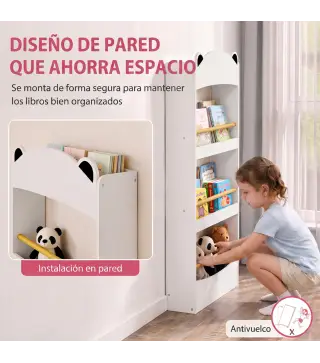 Librería Infantil de Pared de 4 Niveles Estantería para Libros Diseño de Osito para Dormitorio de 3 a 8 Años Blanco