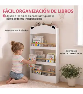 Librería Infantil de Pared de 4 Niveles Estantería para Libros Diseño de Osito para Dormitorio de 3 a 8 Años Blanco
