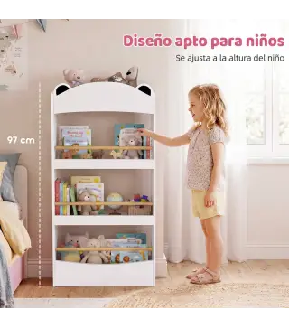 Librería Infantil de Pared de 4 Niveles Estantería para Libros Diseño de Osito para Dormitorio de 3 a 8 Años Blanco