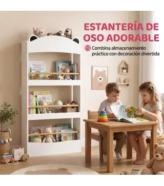 Librería Infantil de Pared de 4 Niveles Estantería para Libros Diseño de Osito para Dormitorio de 3 a 8 Años Blanco