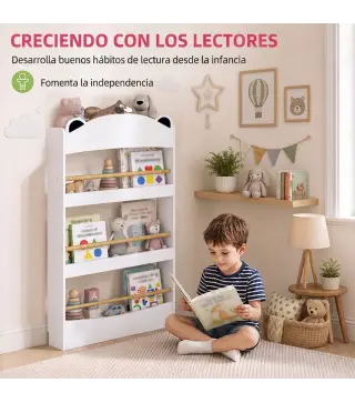 Librería Infantil de Pared de 4 Niveles Estantería para Libros Diseño de Osito para Dormitorio de 3 a 8 Años Blanco