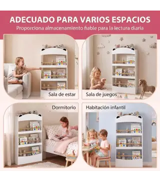 Librería Infantil de Pared de 4 Niveles Estantería para Libros Diseño de Osito para Dormitorio de 3 a 8 Años Blanco