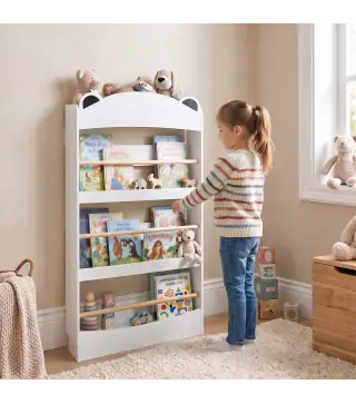 Librería Infantil de Pared de 4 Niveles Estantería para Libros Diseño de Osito para Dormitorio de 3 a 8 Años Blanco