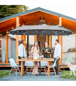 Sombrilla de Jardín Doble 295x150x219 cm con Luces LED Solares Toldo con Inclinación Ajustable y Manivela Manual Gris