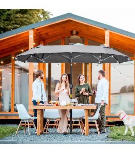 Sombrilla de Jardín Doble 295x150x219 cm con Luces LED Solares Toldo con Inclinación Ajustable y Manivela Manual Gris