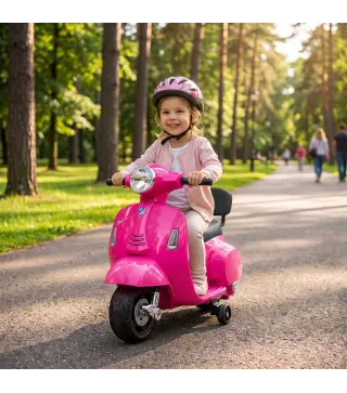 Moto Eléctrica para Niños Licencia Mini Vespa GTS 2 Ruedas Auxiliares Batería de Litio Faro Bocina Respaldo Rosa