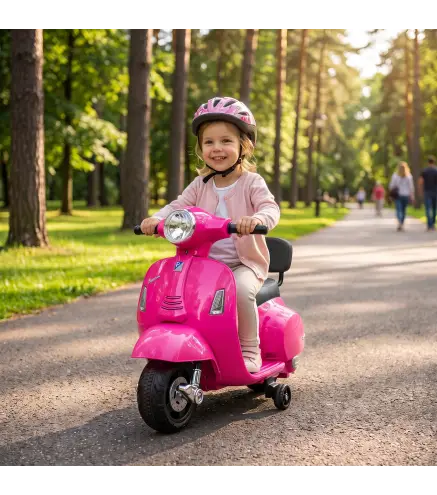 Moto Eléctrica para Niños Licencia Mini Vespa GTS 2 Ruedas Auxiliares Batería de Litio Faro Bocina Respaldo Rosa