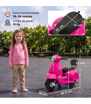 Moto Eléctrica para Niños Licencia Mini Vespa GTS 2 Ruedas Auxiliares Batería de Litio Faro Bocina Respaldo Rosa