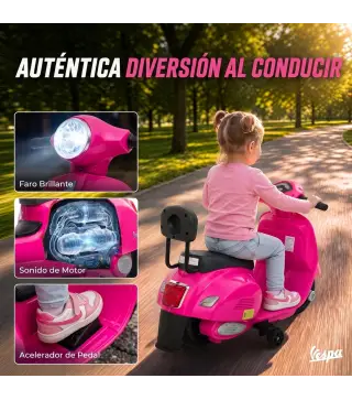 Moto Eléctrica para Niños Licencia Mini Vespa GTS 2 Ruedas Auxiliares Batería de Litio Faro Bocina Respaldo Rosa