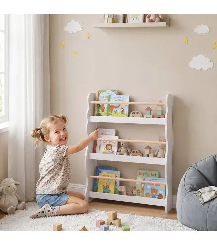 Librería Infantil de Pared de 3 Niveles Estantería para Libros para Dormitorio Guardería de 3 a 8 Años Blanco
