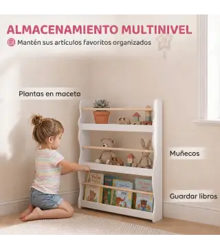 Librería Infantil de Pared de 3 Niveles Estantería para Libros para Dormitorio Guardería de 3 a 8 Años Blanco