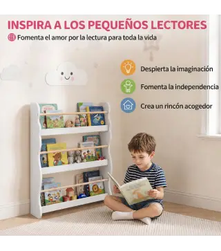 Librería Infantil de Pared de 3 Niveles Estantería para Libros para Dormitorio Guardería de 3 a 8 Años Blanco