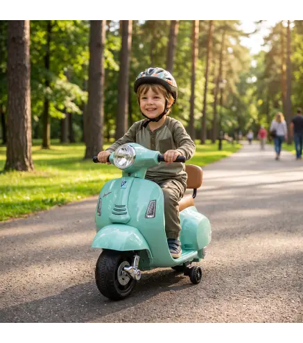 Moto Eléctrica para Niños Licencia Mini Vespa GTS 2 Ruedas Auxiliares Batería de Litio Faro Bocina Respaldo Verde